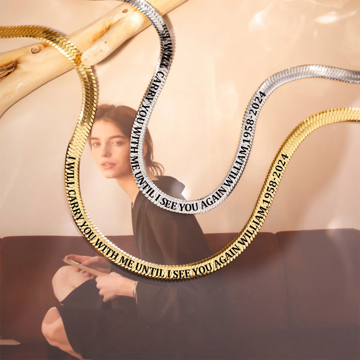I Will Carry You with Me Until I See You Again Personalized Memorial Flat Snake Bone Chain Necklace - Image 6