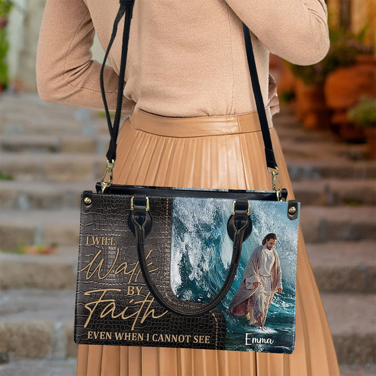 I Will Walk By Faith Even I Cannot See -Personalized Unique Jesus Leather Handbag - Image 6