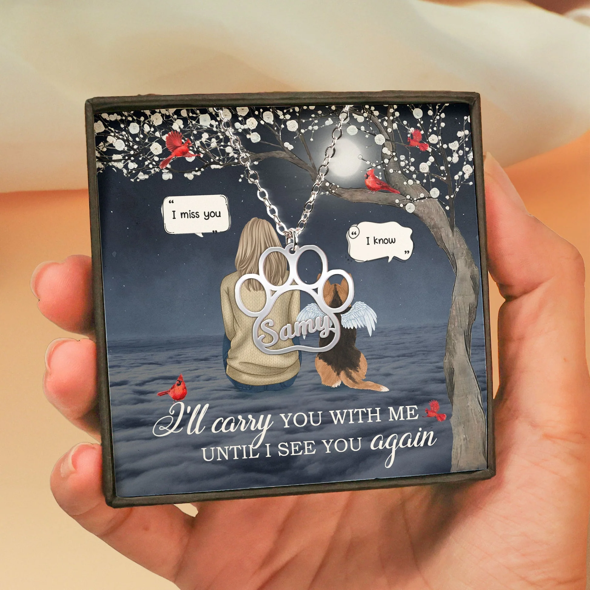 I'll Carry You With Me Pet Memorial - Personalized Dog Paws Shapes Necklace - Image 2
