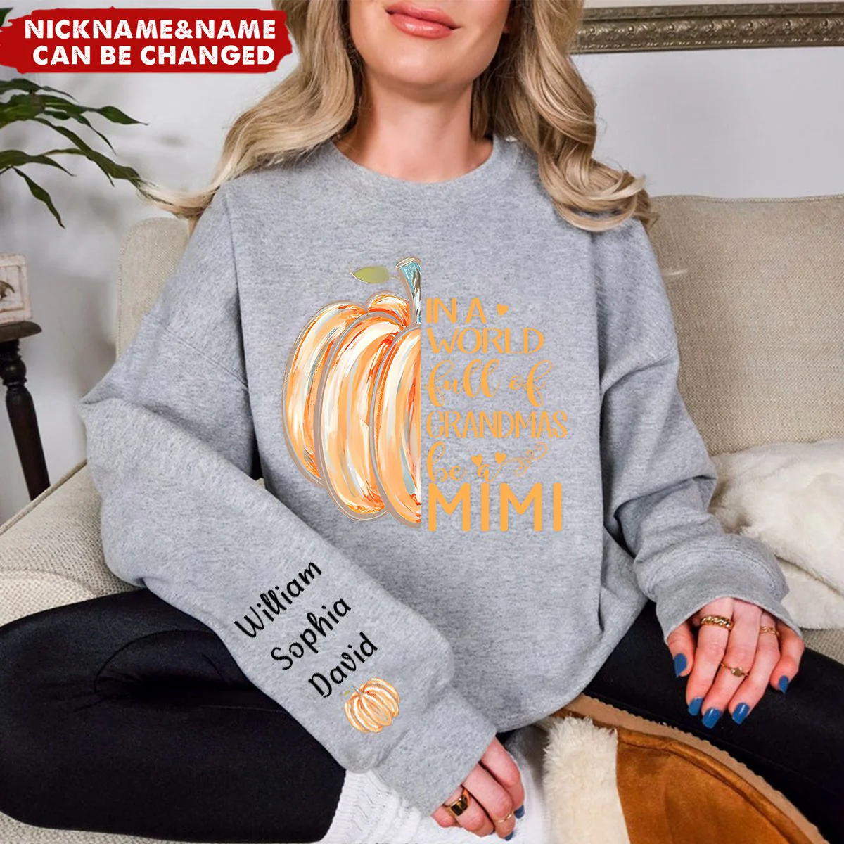 In a World Full Of Grandmas Be A Mimi Pumpkin And Grandkids Personalized Sweatshirt - Image 2