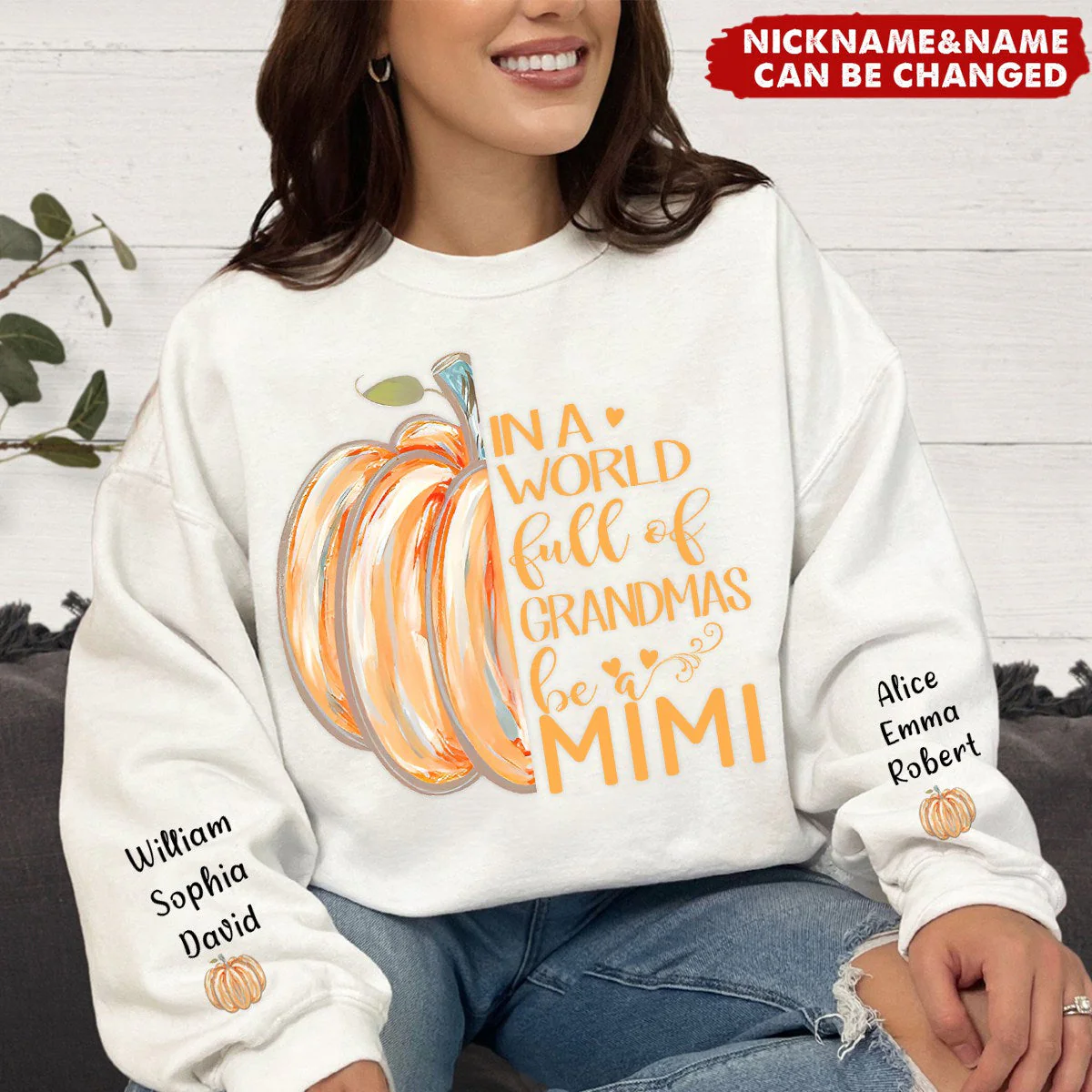 In a World Full Of Grandmas Be A Mimi Pumpkin And Grandkids Personalized Sweatshirt - Image 3