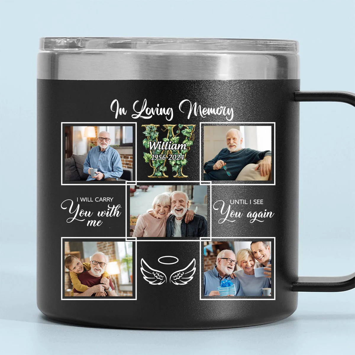 In Loving Memory Monogram -Personalized 14oz Stainless Steel Tumbler With Handle - Image 4