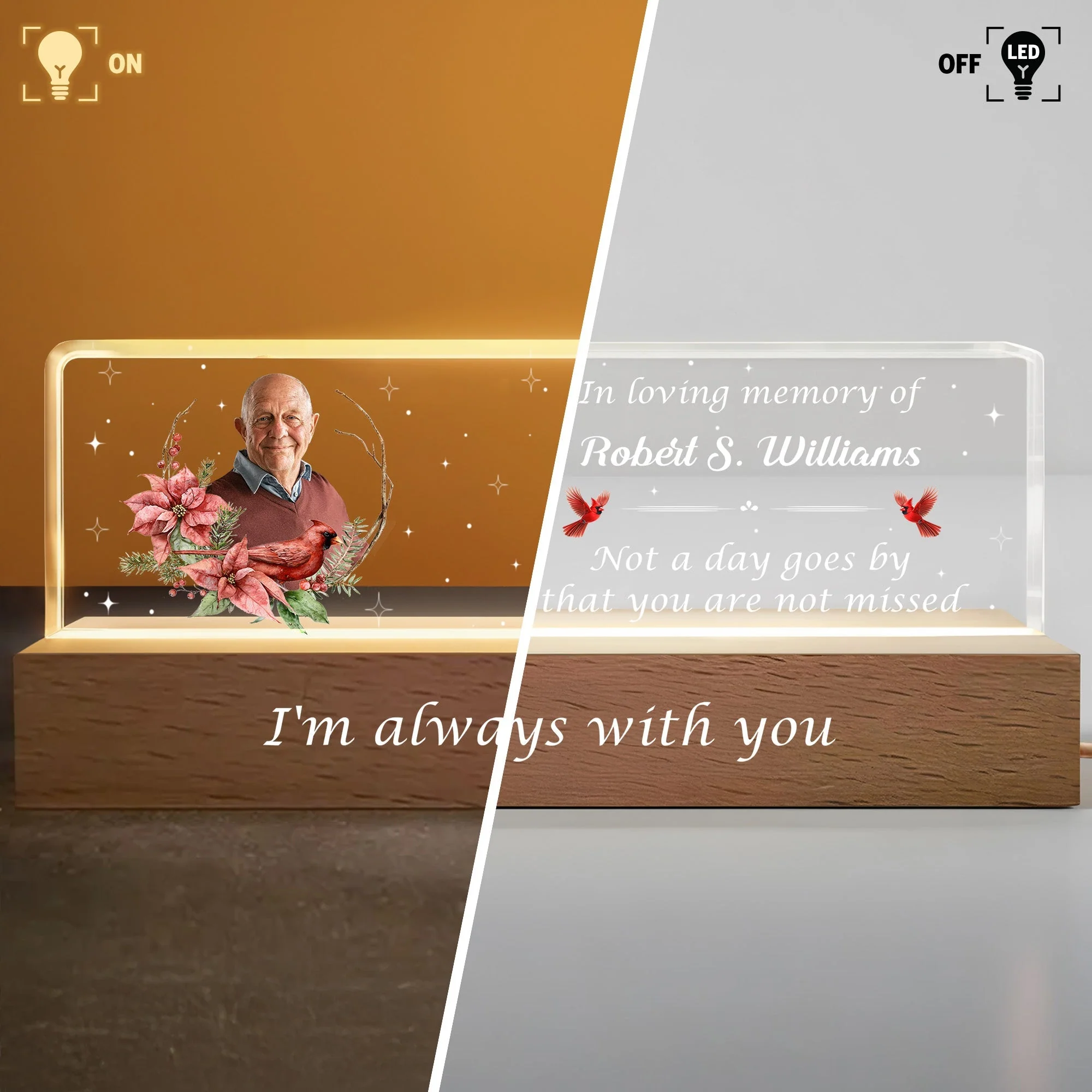 In Loving Memory Of Flowers and Stars Night Light With Wooden Base, Personalized LED Night Light - Image 2
