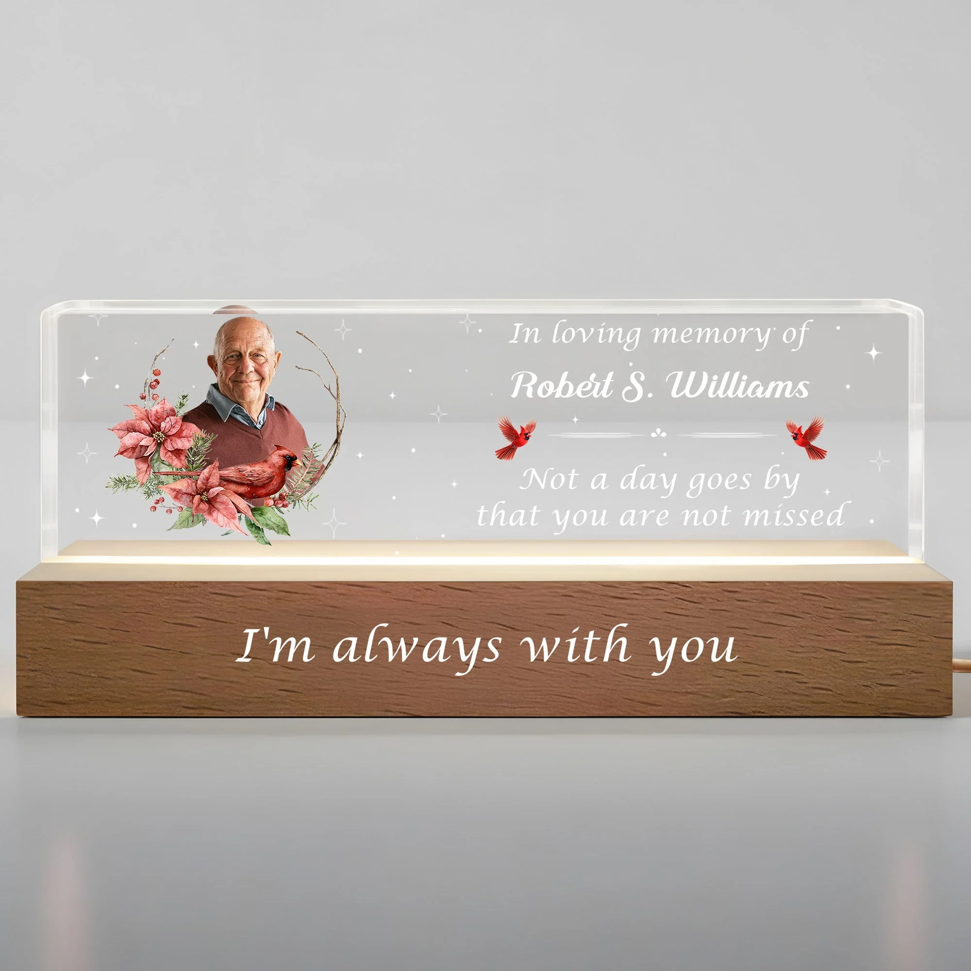 In Loving Memory Of Flowers and Stars Night Light With Wooden Base, Personalized LED Night Light - Image 3