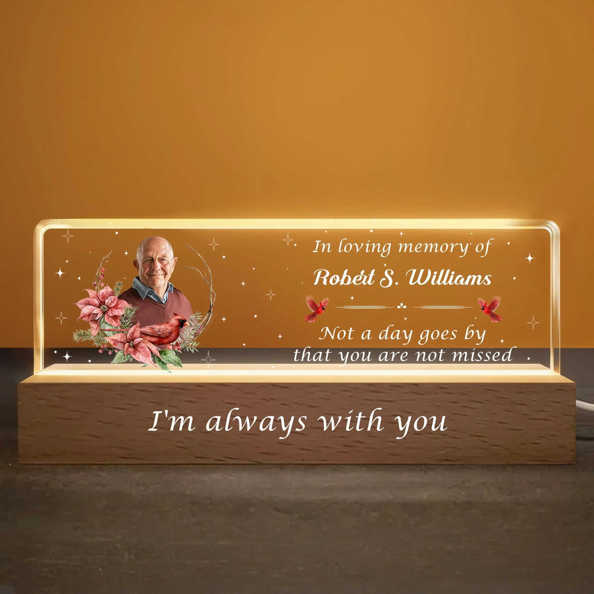 In Loving Memory Of Flowers and Stars Night Light With Wooden Base, Personalized LED Night Light - Image 4