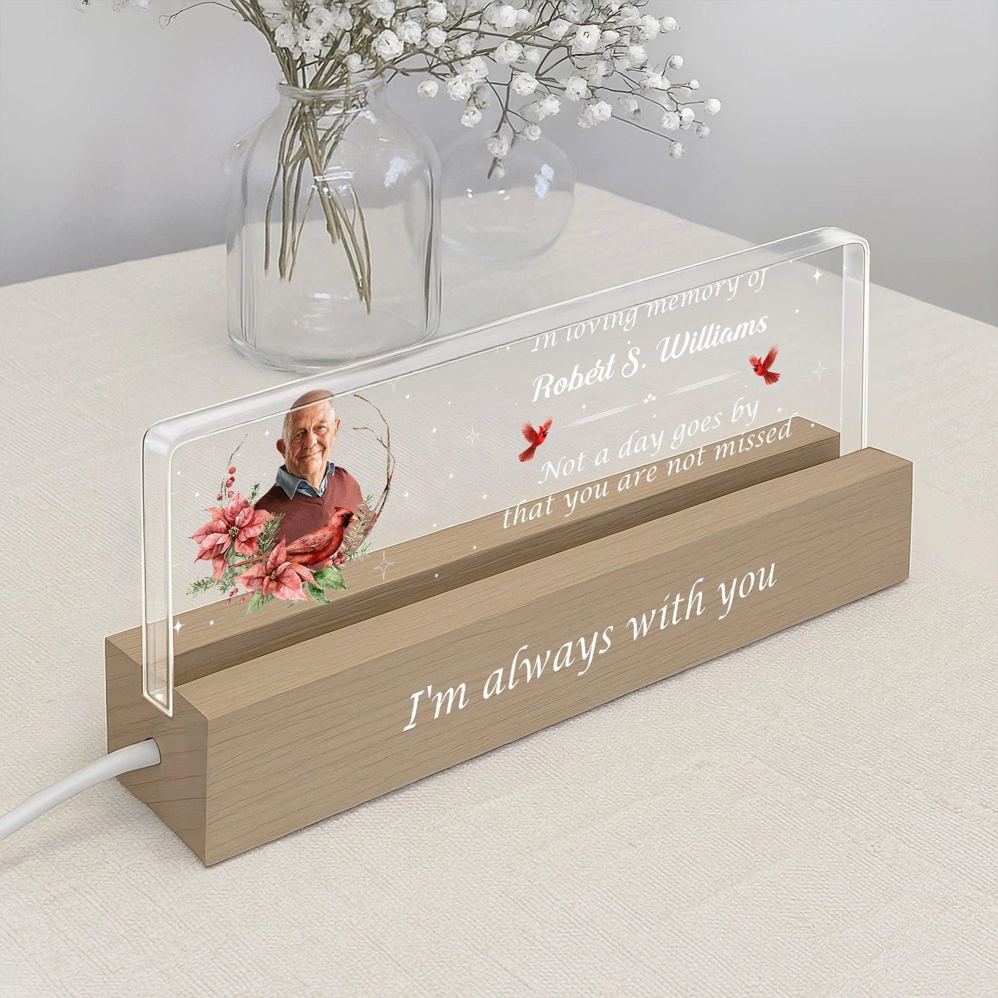 In Loving Memory Of Flowers and Stars Night Light With Wooden Base, Personalized LED Night Light - Image 5