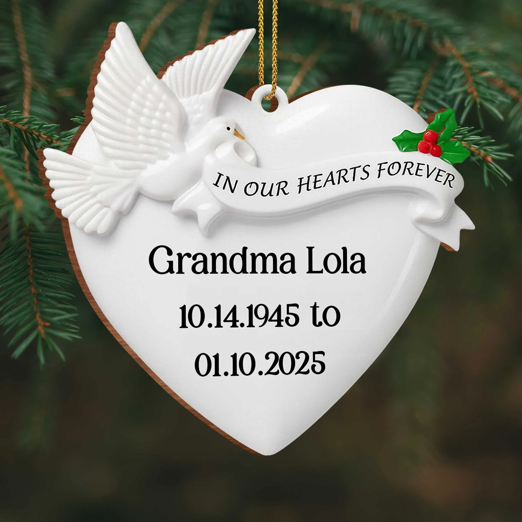 In Our Hearts Forever Heart and Dove Ornament, Custom Wood Ornament, Gift for Family - Image 3