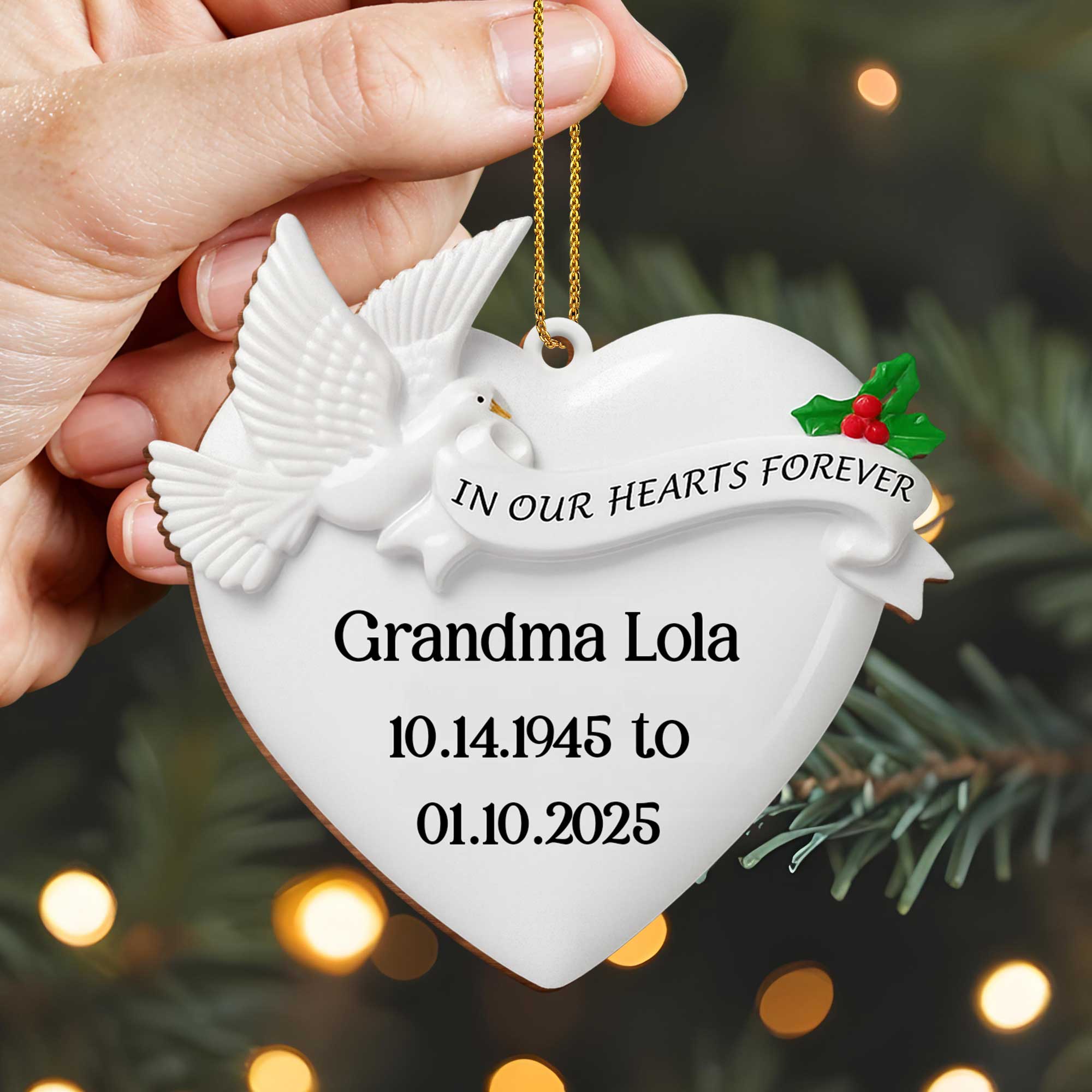 In Our Hearts Forever Heart and Dove Ornament, Custom Wood Ornament, Gift for Family - Image 4