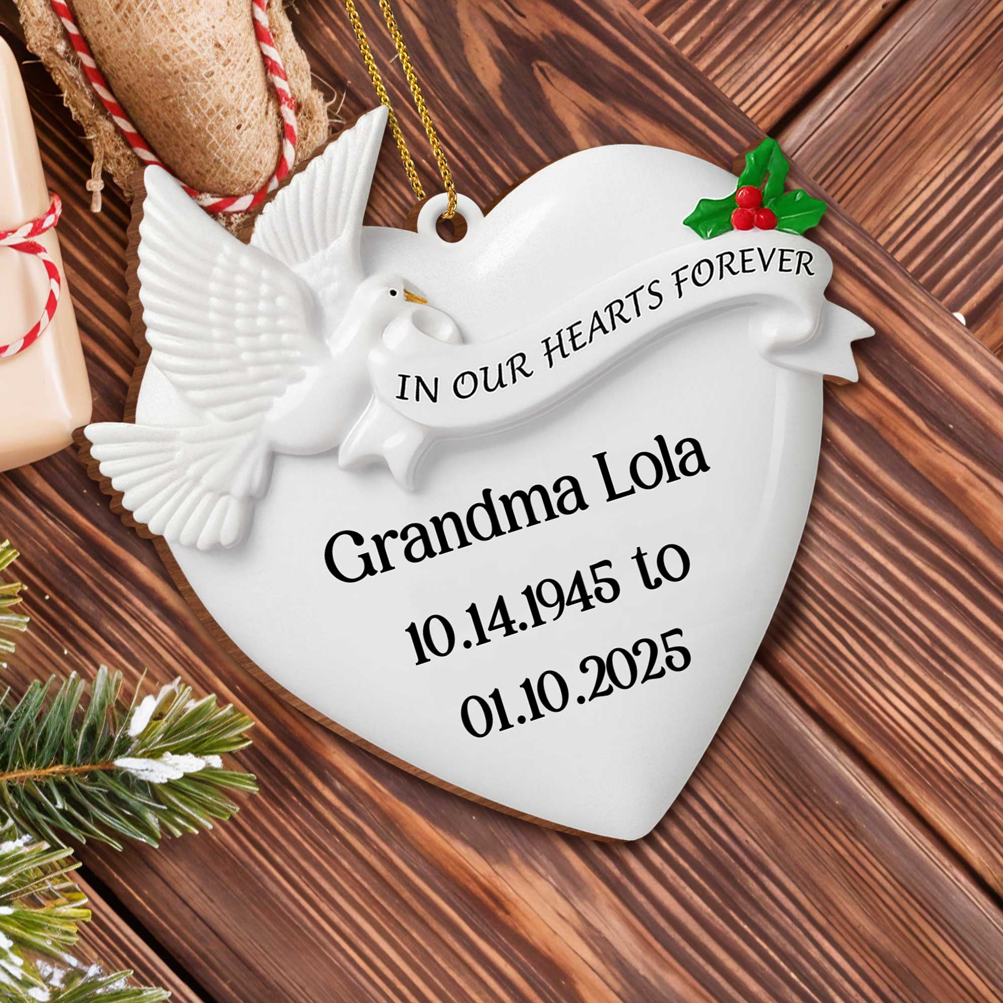 In Our Hearts Forever Heart and Dove Ornament, Custom Wood Ornament, Gift for Family - Image 7