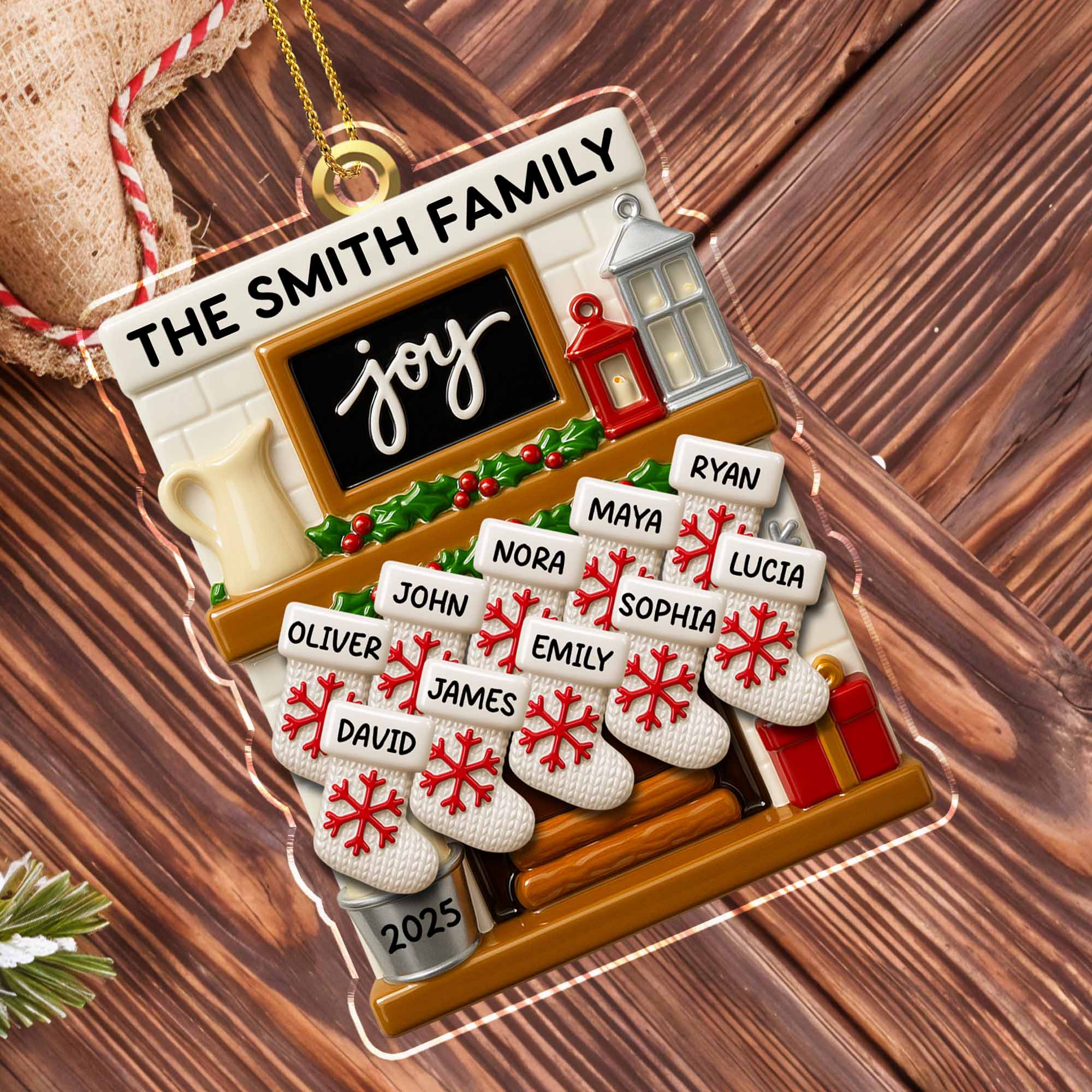 Joy to the World, Stockings By the Fireplace, Personalized Custom Acrylic Ornament - Image 4