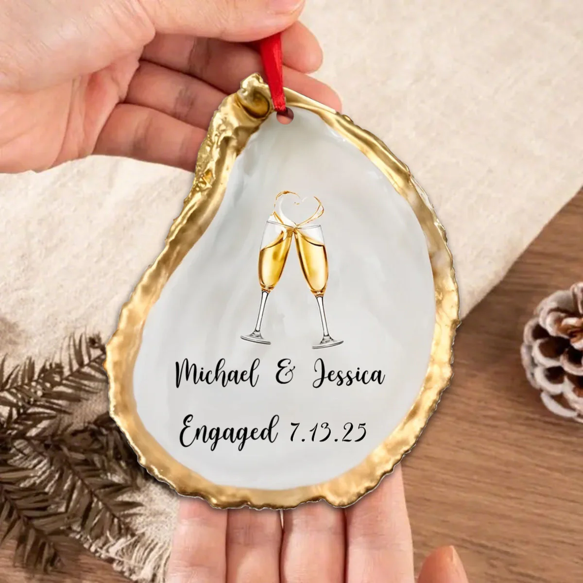 Just Engaged - Personalized Custom Oyster Shell Shape Acrylic Ornament - Image 2