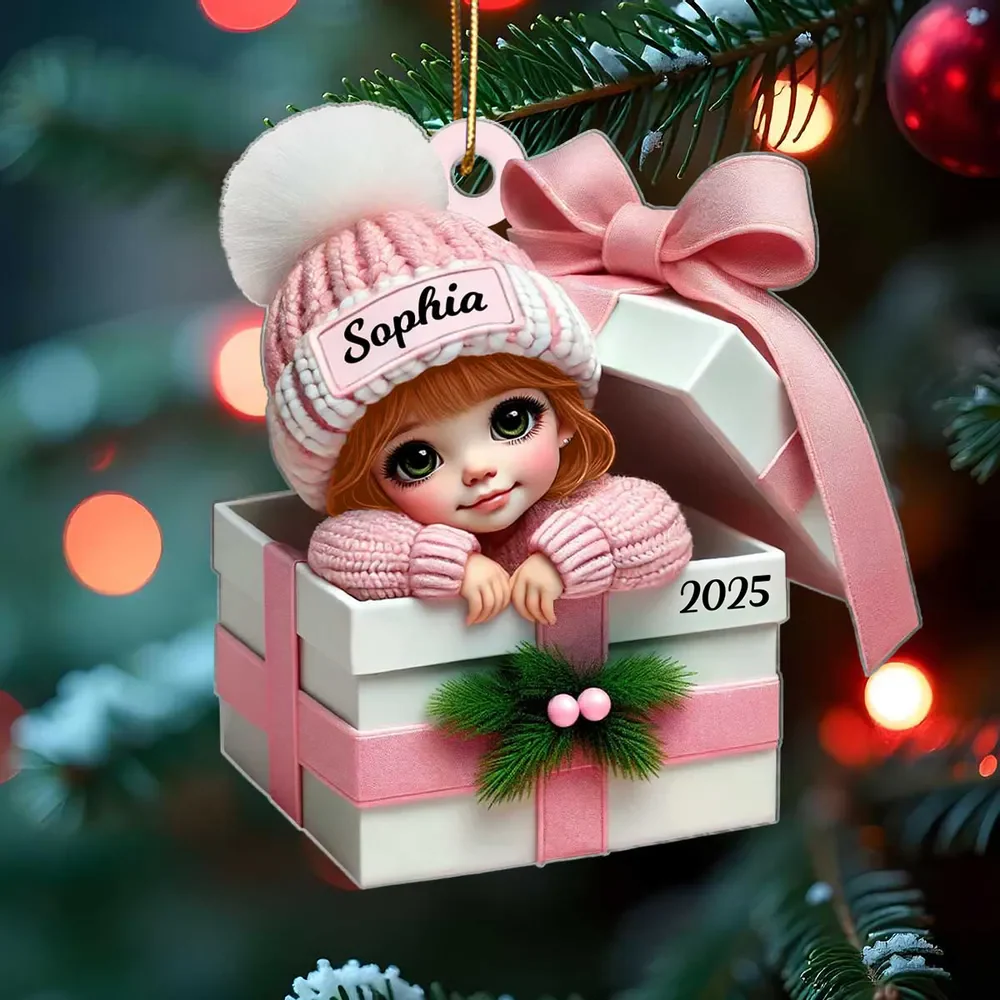 Kid Boy Girl Inside Gift Box Personalized Acrylic 2D Flat Ornament - Image 2