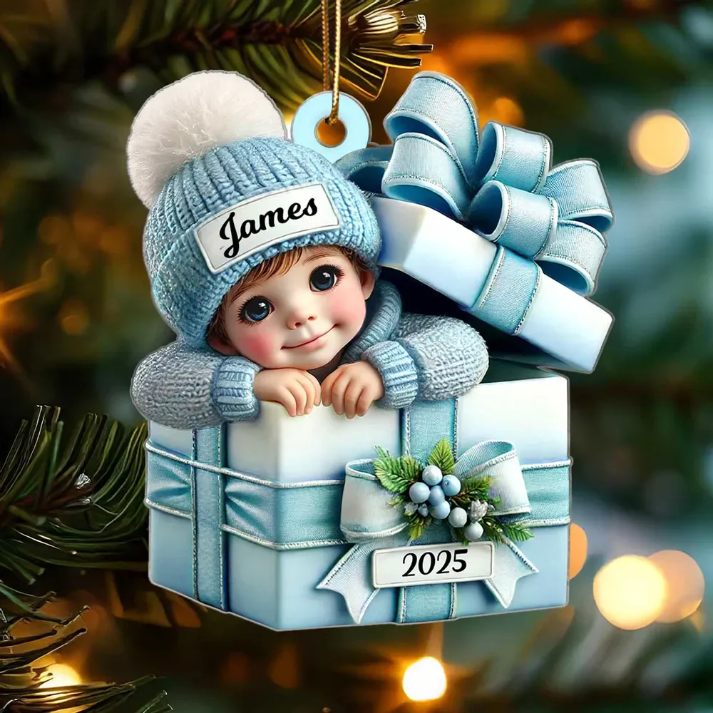 Kid Boy Girl Inside Gift Box Personalized Acrylic 2D Flat Ornament - Image 3