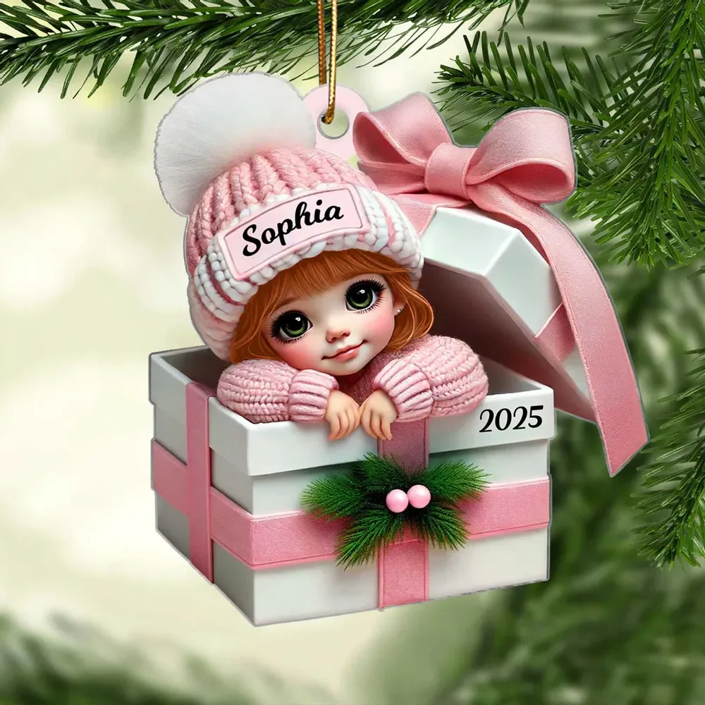 Kid Boy Girl Inside Gift Box Personalized Acrylic 2D Flat Ornament - Image 4