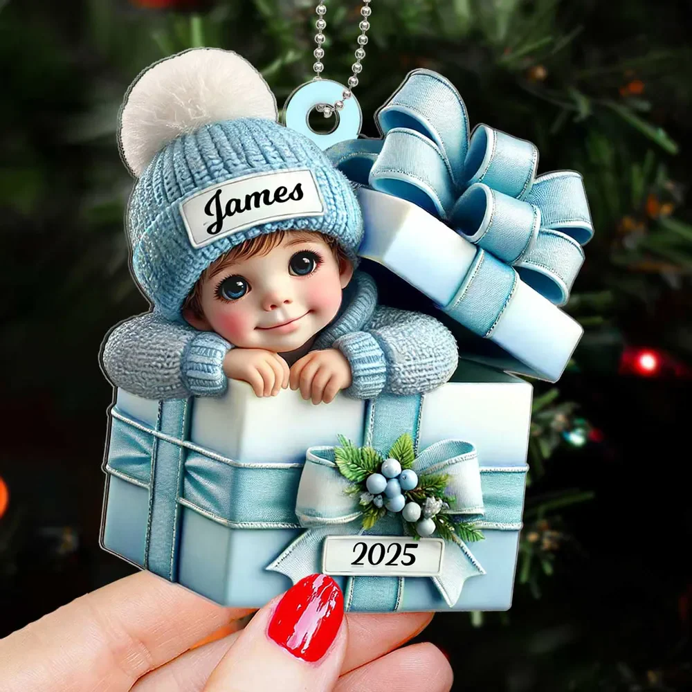 Kid Boy Girl Inside Gift Box Personalized Acrylic 2D Flat Ornament - Image 5