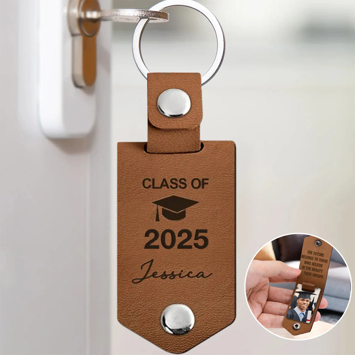 Let The Journey Begin Graduation Gift - Personalized Leather Photo Keychain - Image 2