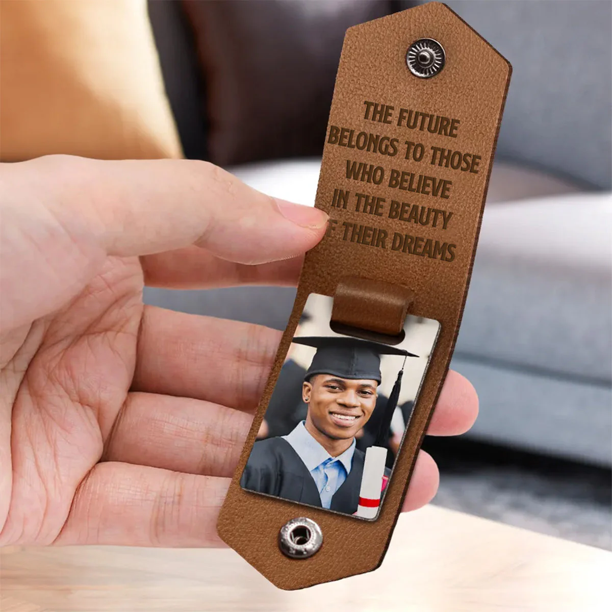 Let The Journey Begin Graduation Gift - Personalized Leather Photo Keychain - Image 3