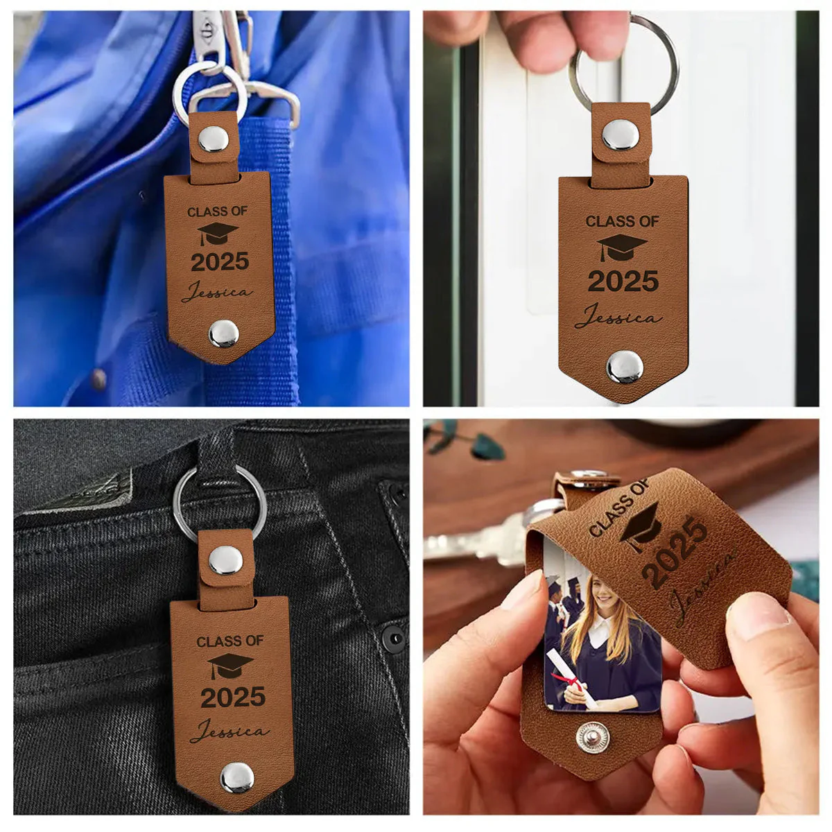 Let The Journey Begin Graduation Gift - Personalized Leather Photo Keychain - Image 4