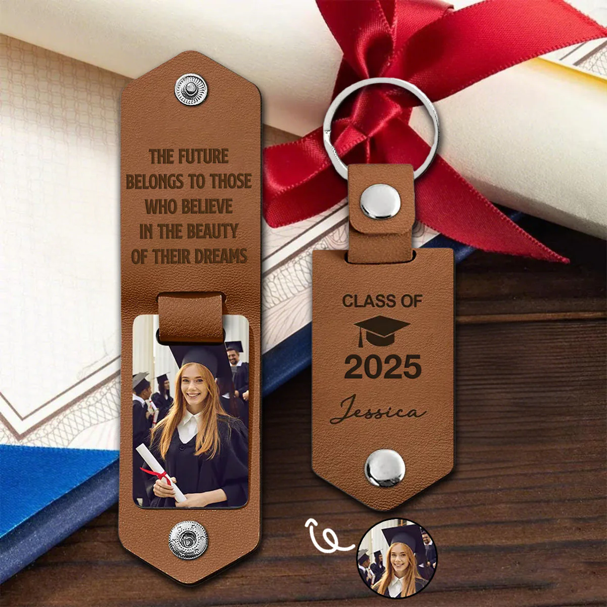 Let The Journey Begin Graduation Gift - Personalized Leather Photo Keychain - Image 5