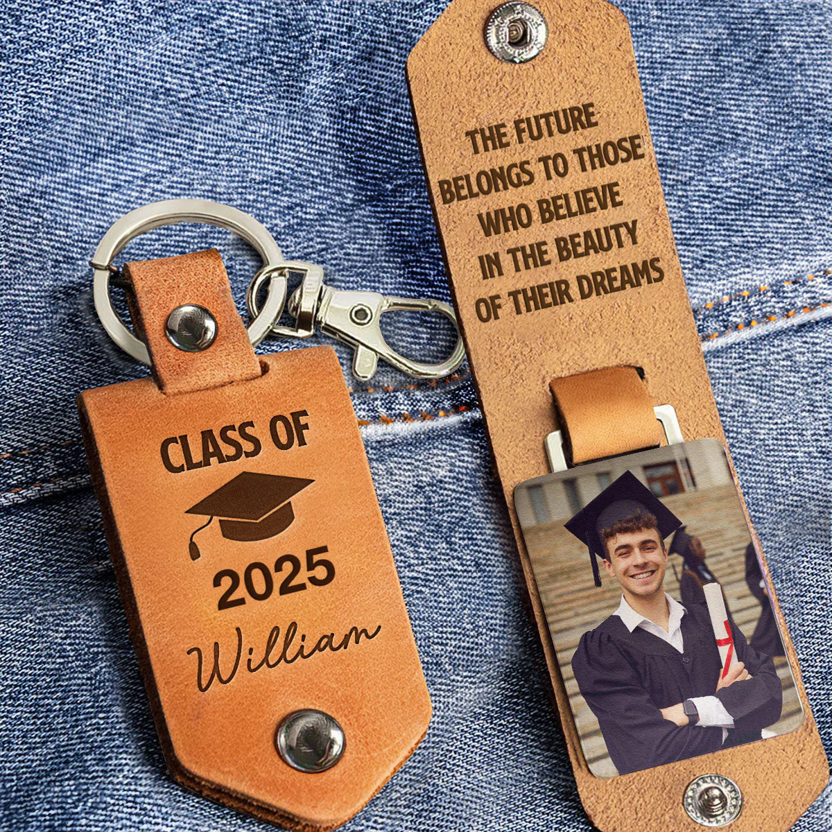 Let The Journey Begin Graduation Gift - Personalized Leather Photo Keychain - Image 6