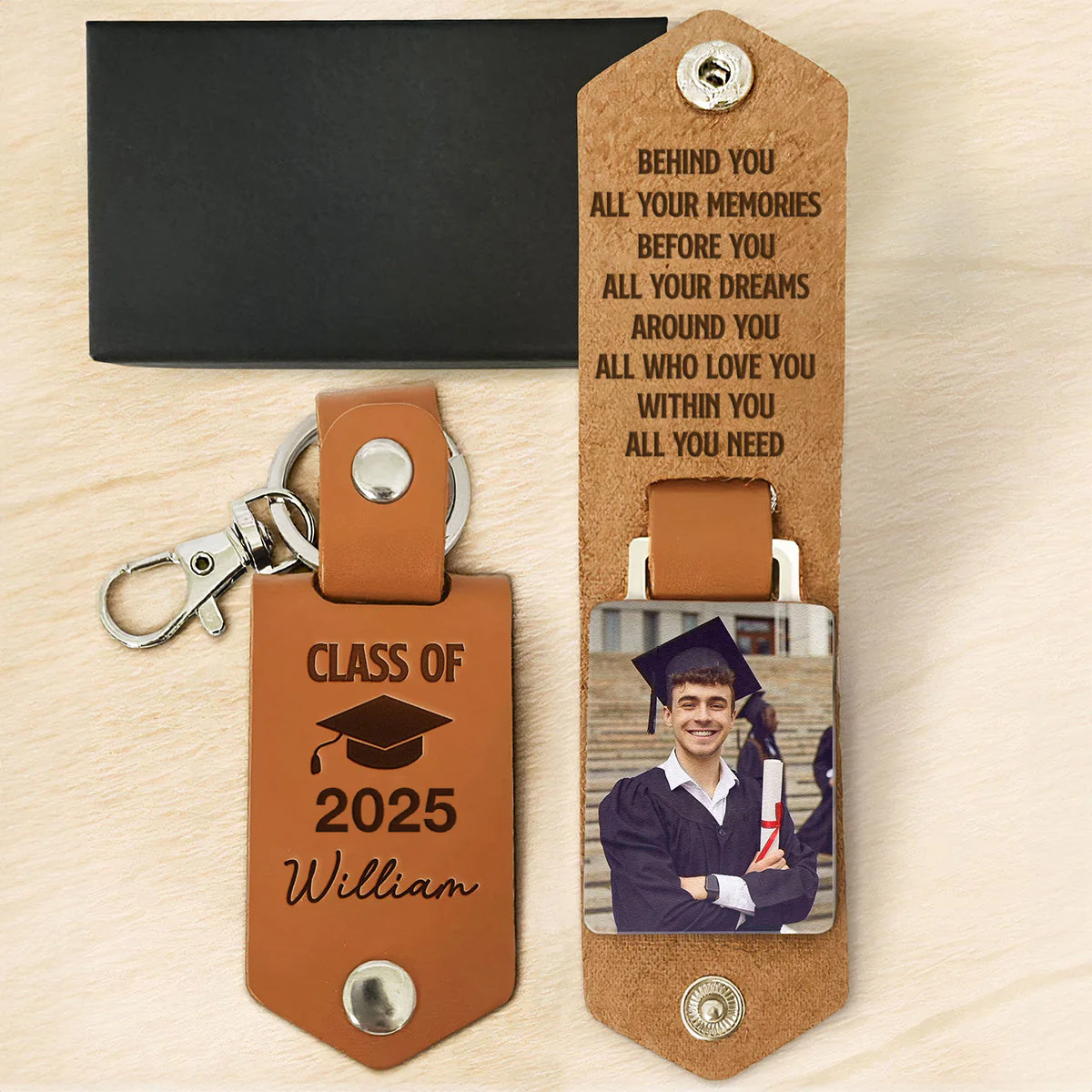 Let The Journey Begin Graduation Gift - Personalized Leather Photo Keychain - Image 7