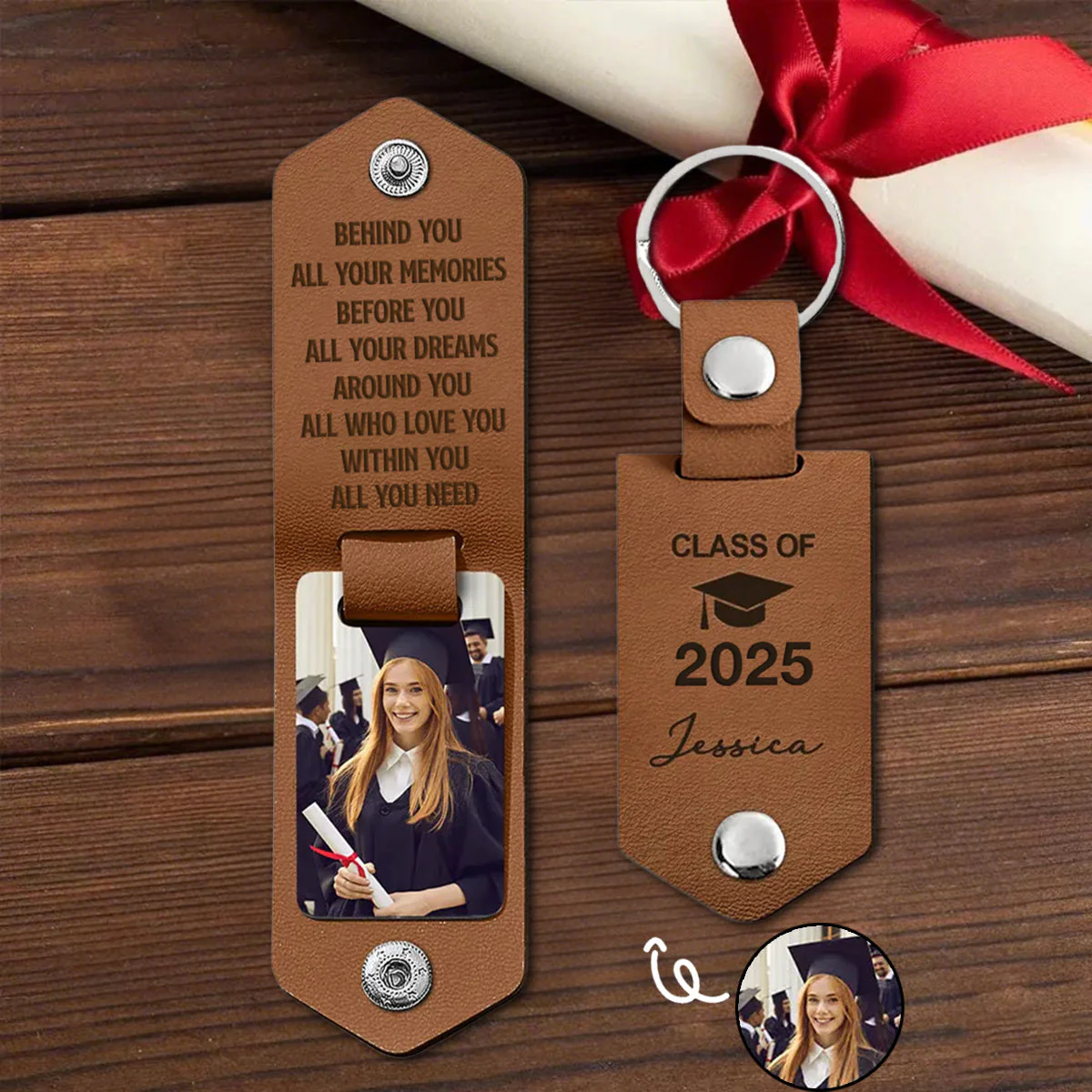 Let The Journey Begin Graduation Gift - Personalized Leather Photo Keychain - Image 8