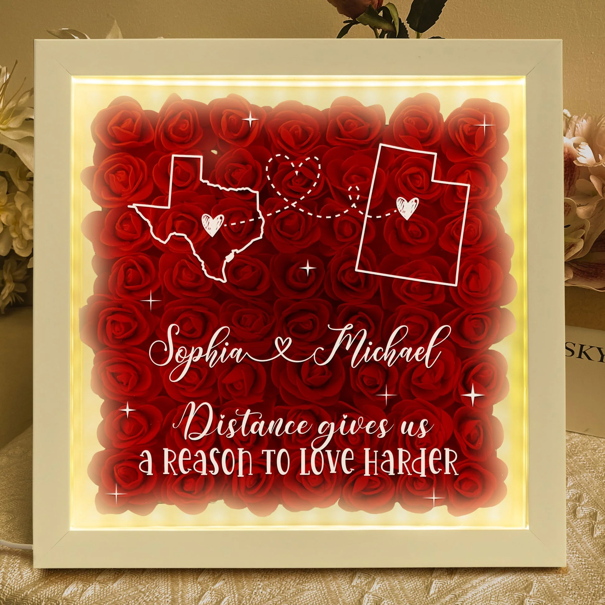 Long Distance Relationship For Couples - Personalized Flower Shadow Box With LED Light