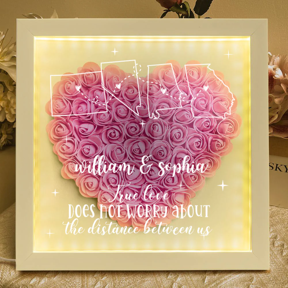 Long Distance Relationship For Couples - Personalized Flower Shadow Box With LED Light - Image 10