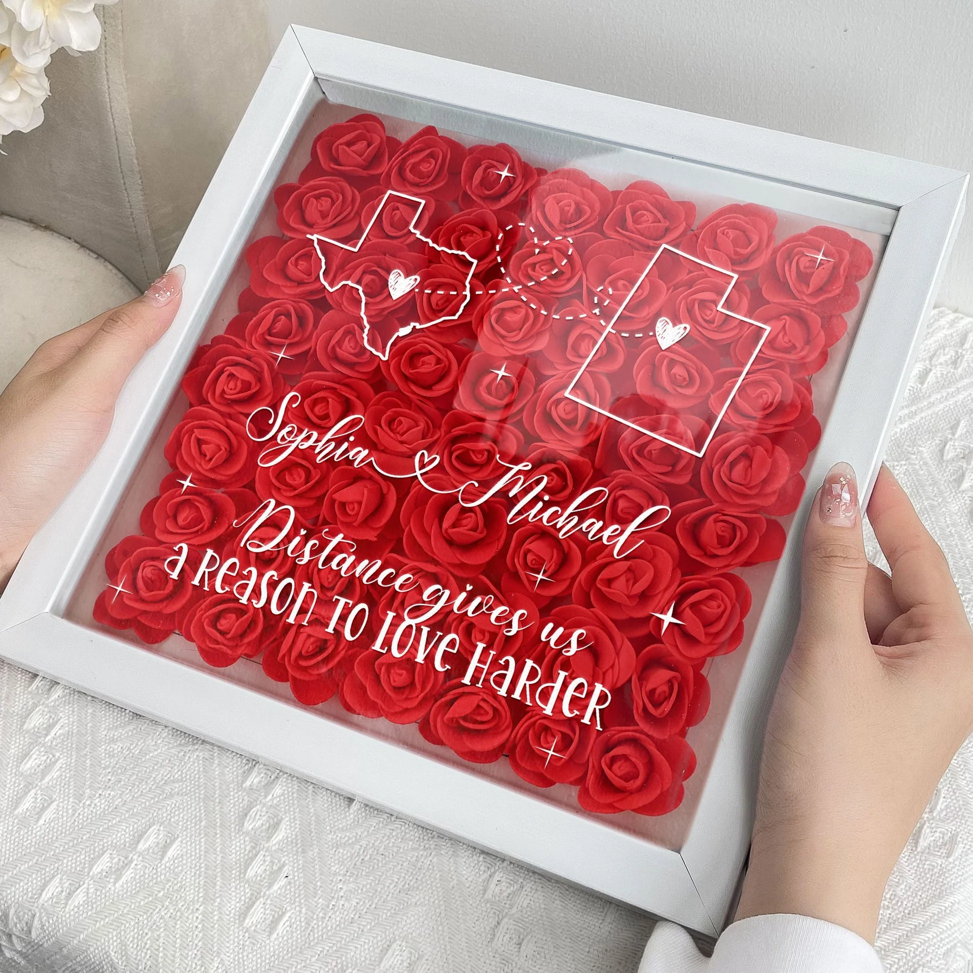 Long Distance Relationship For Couples - Personalized Flower Shadow Box With LED Light - Image 4