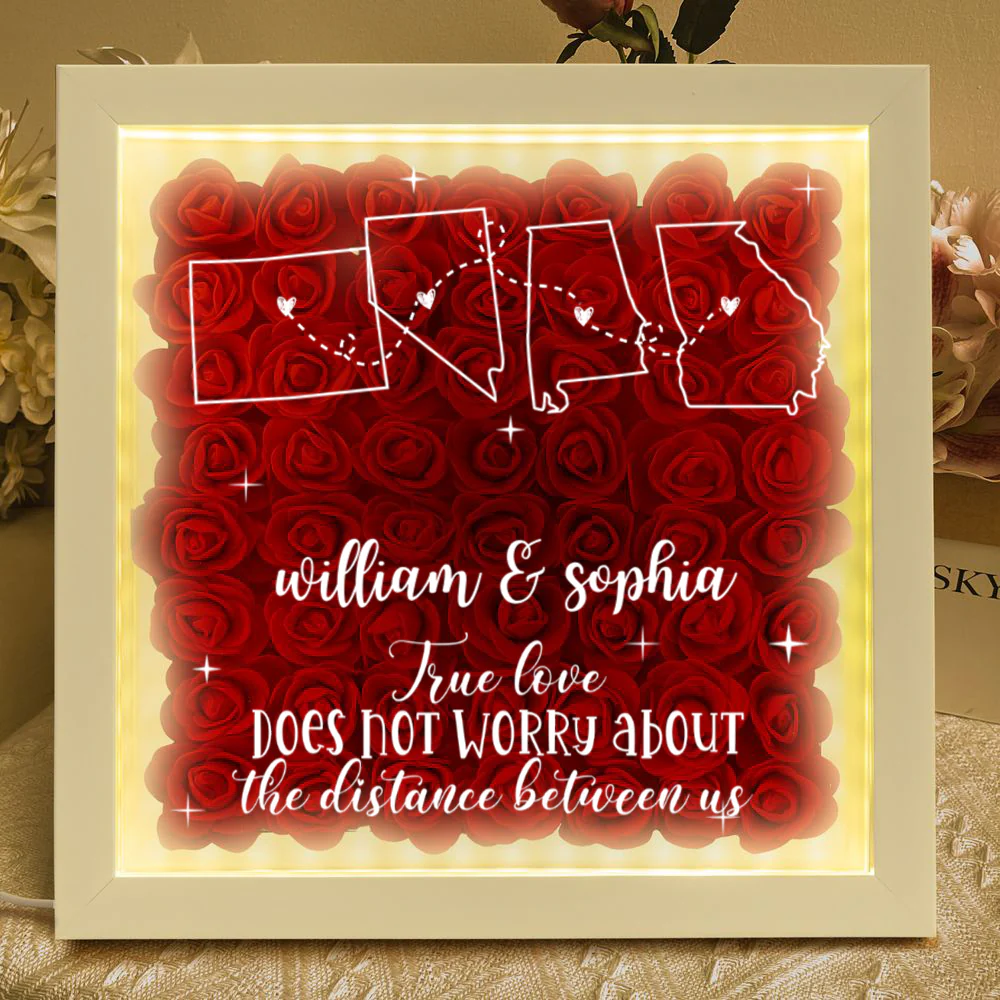 Long Distance Relationship For Couples - Personalized Flower Shadow Box With LED Light - Image 6