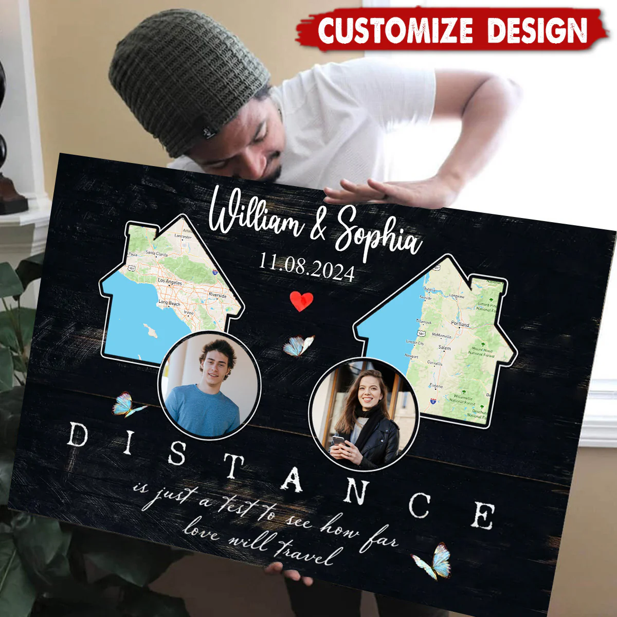 Long Distance Relationship Gift, Custom Distance Map Canvas - Image 2