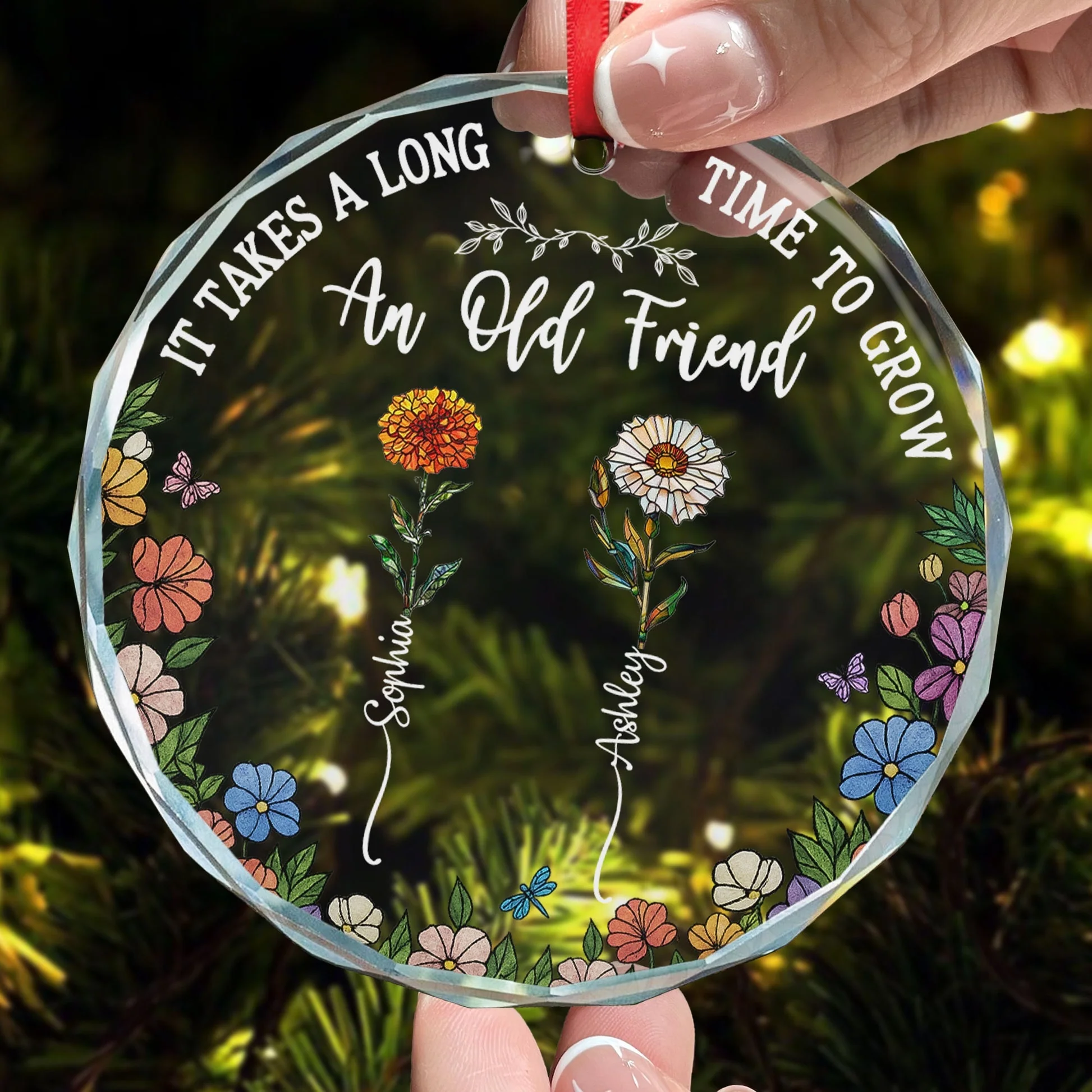 Long Time To Grow Old Friends - Personalized Anniversary Glass Ornament - Image 2
