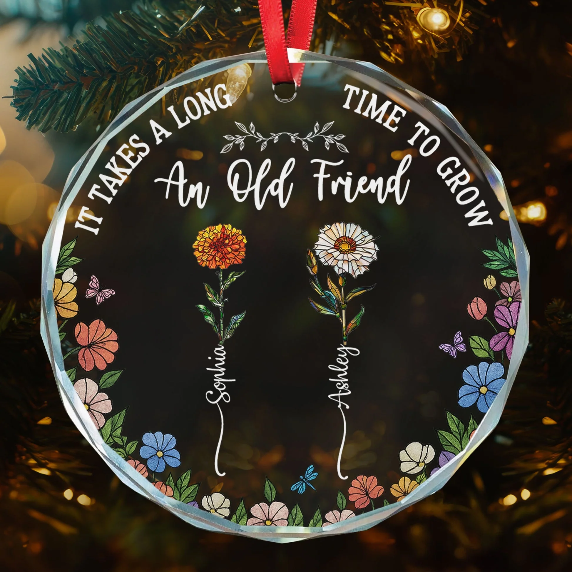 Long Time To Grow Old Friends - Personalized Anniversary Glass Ornament - Image 3