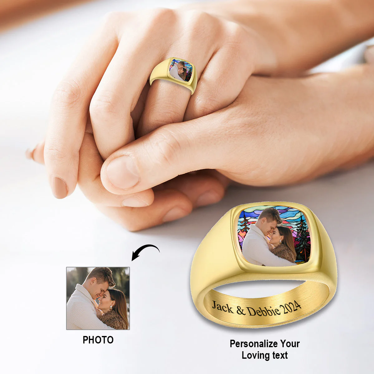 Love You Forever - Personalized Stained Glass Background Upload Photo Square Ring - Image 2