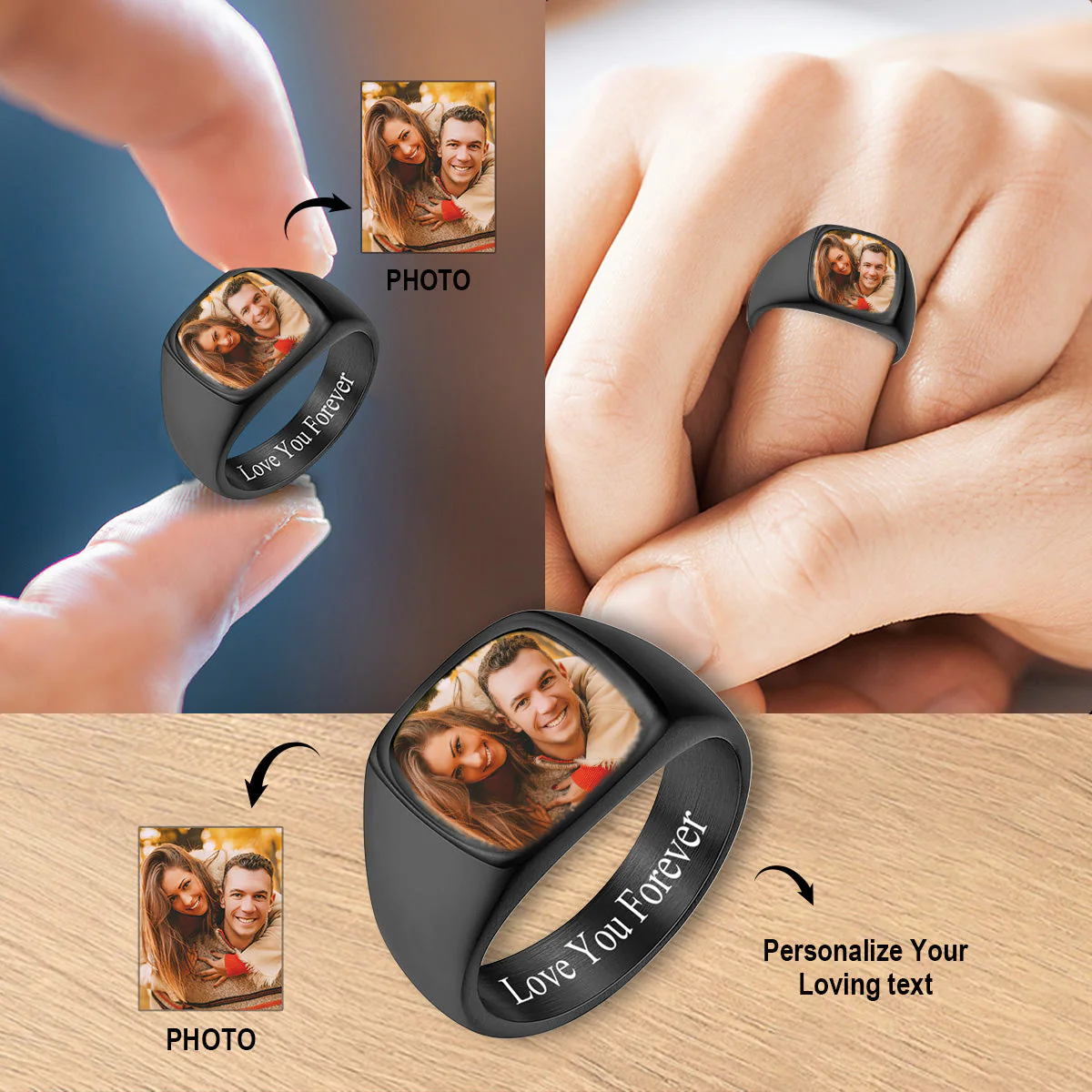 Love You Forever - Personalized Stained Glass Background Upload Photo Square Ring - Image 3