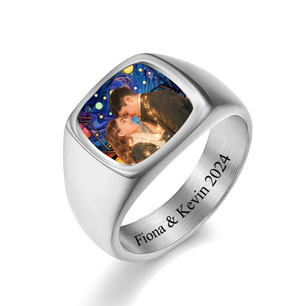Love You Forever - Personalized Stained Glass Background Upload Photo Square Ring - Image 8