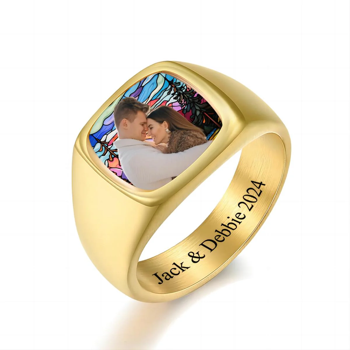 Love You Forever - Personalized Stained Glass Background Upload Photo Square Ring - Image 9