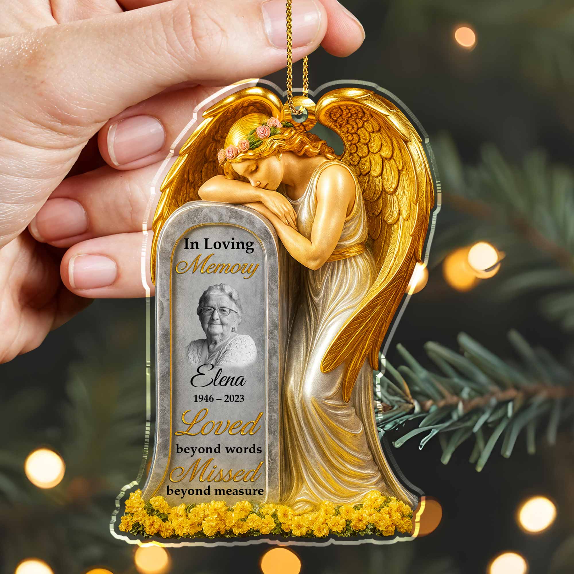 Loved Beyond Words Angel And Flowers Ornament Personalized Memorial Acrylic Ornament - Image 2