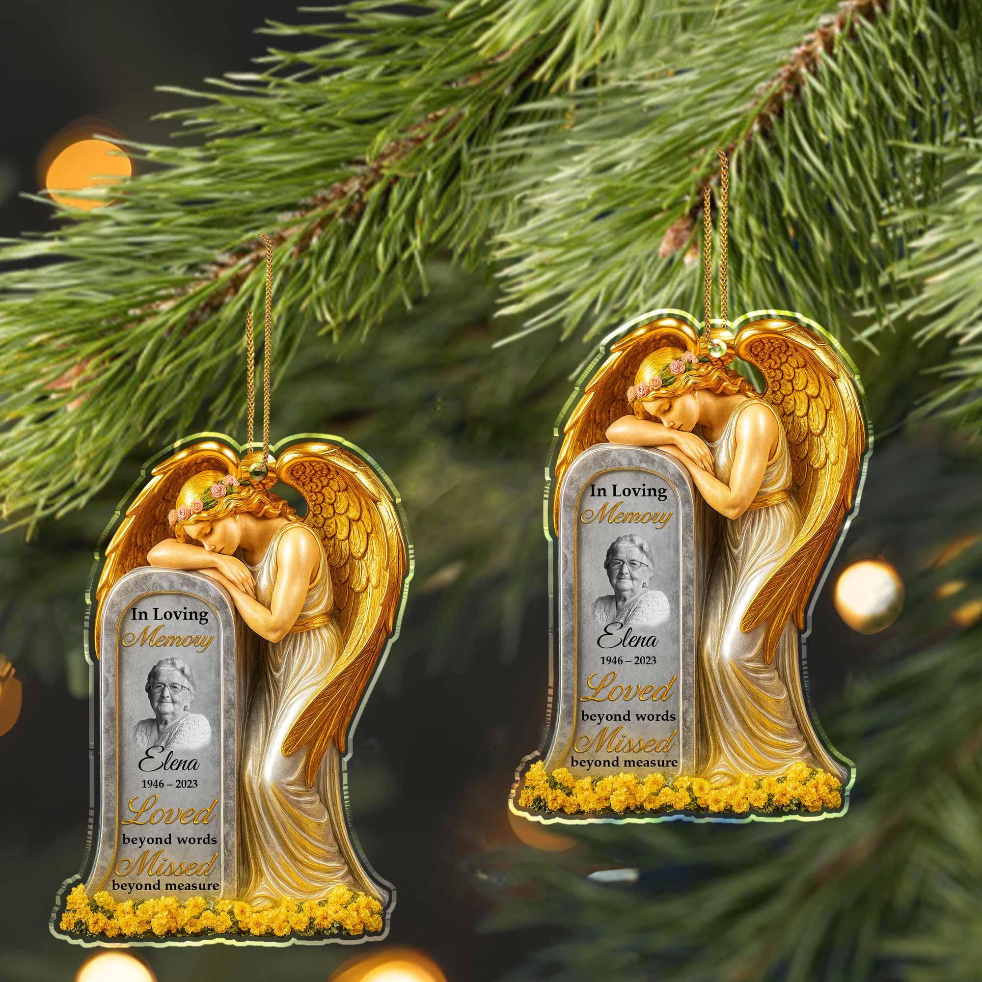 Loved Beyond Words Angel And Flowers Ornament Personalized Memorial Acrylic Ornament - Image 3