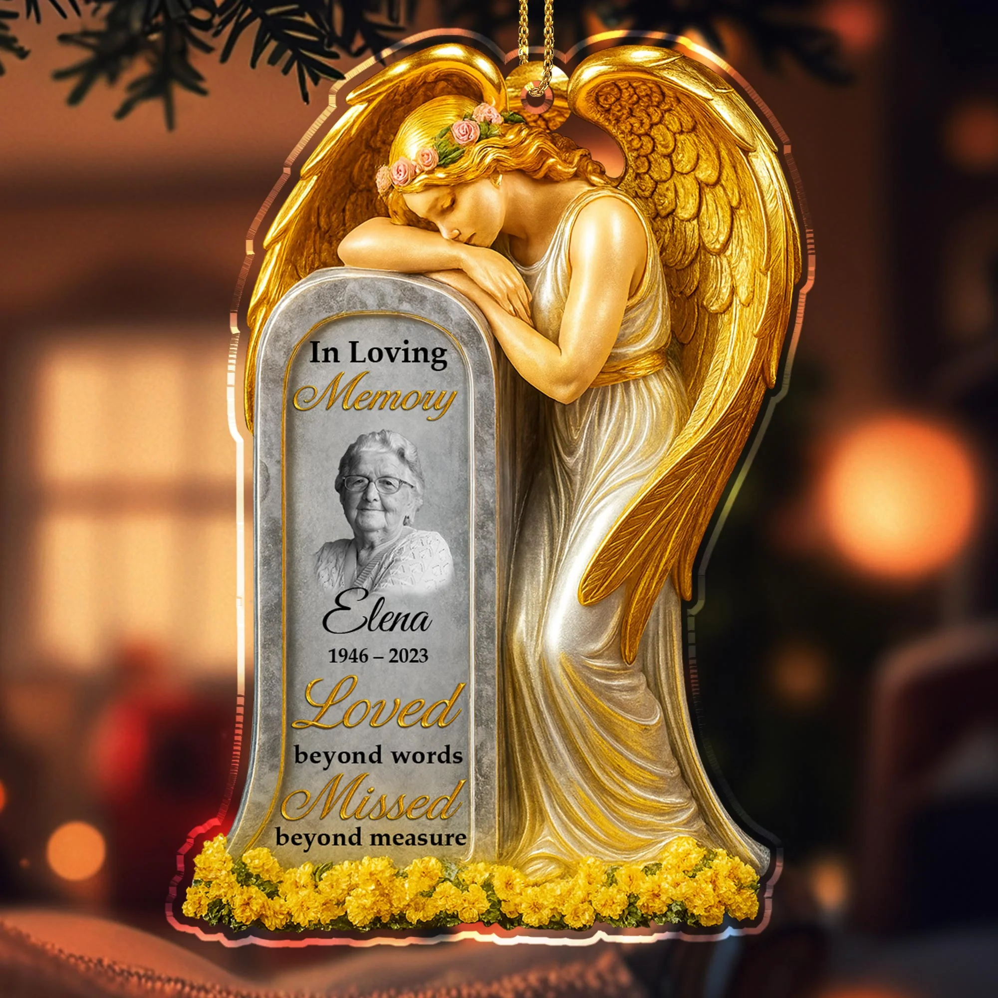 Loved Beyond Words Angel And Flowers Ornament Personalized Memorial Acrylic Ornament - Image 5