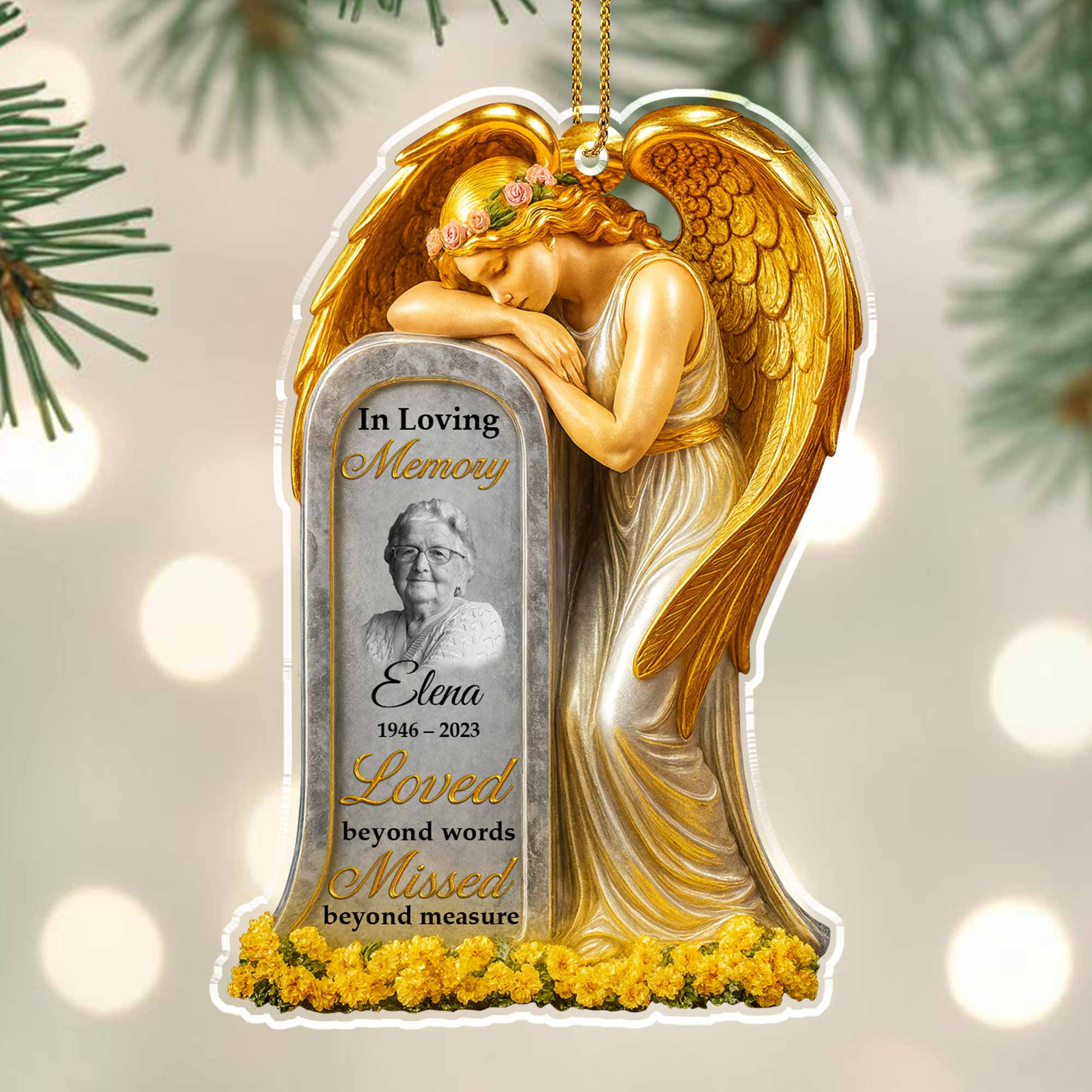 Loved Beyond Words Angel And Flowers Ornament Personalized Memorial Acrylic Ornament - Image 6