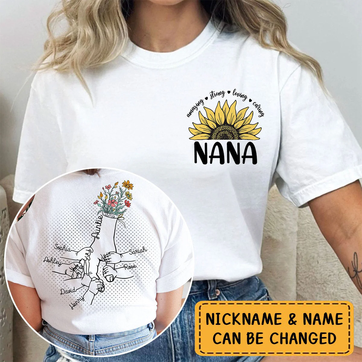 Loving, Caring - Personalized Pure Cotton T-shirt Gift For Grandma/Mom