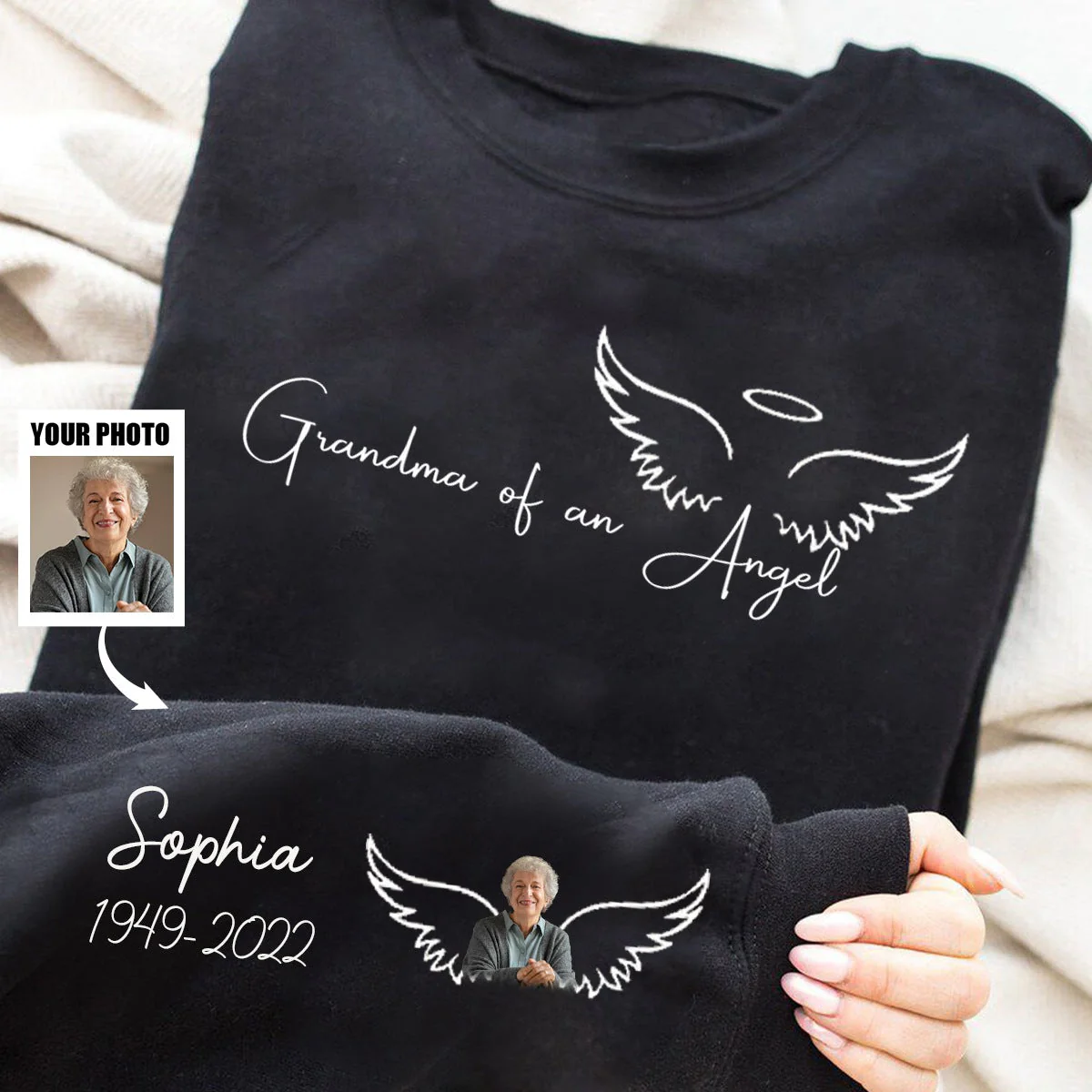 Memorial Custom Photo Wings On Sleeve, Momma Daddy Of An Angel Personalized Sweatshirt - Image 2