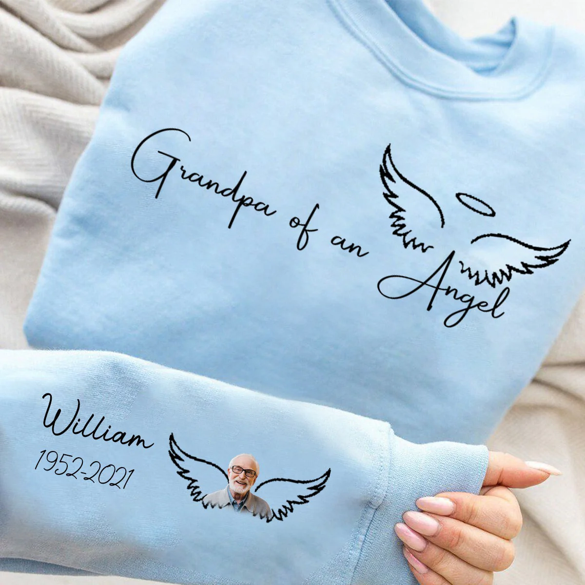 Memorial Custom Photo Wings On Sleeve, Momma Daddy Of An Angel Personalized Sweatshirt - Image 5