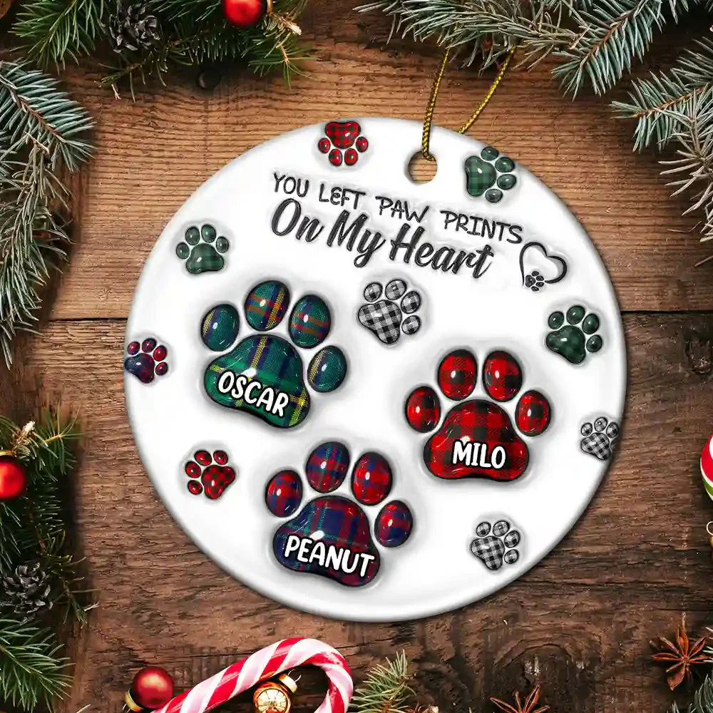 Memorial Dog Cat You Left Paw Prints On My Heart, Personalized Circle Ceramic Ornament - Image 5