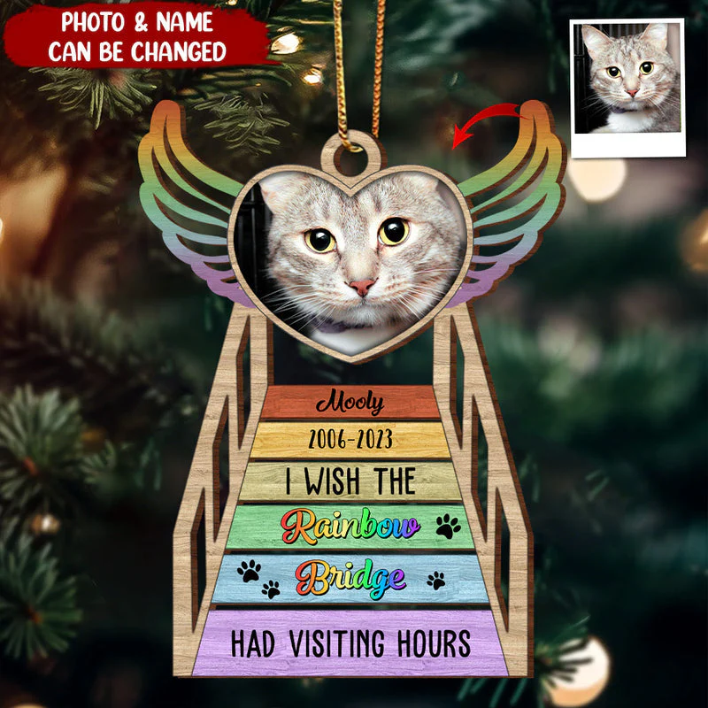 Memorial Pawprint Heart Wings, I Wish Rainbow Bridge Had Visiting Hours Personalized Wooden Ornament - Image 2