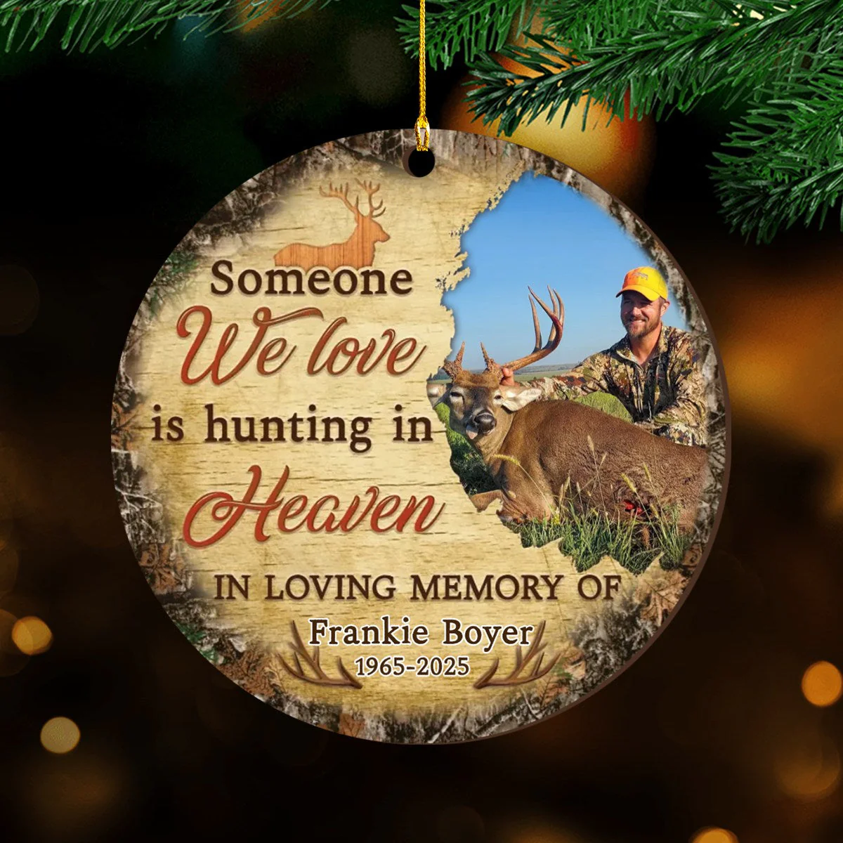 Memorial Personalized Ornament - Custom Photo & Text - Someone We Love Is Hunting in Heaven Memorial Ornament - Image 2