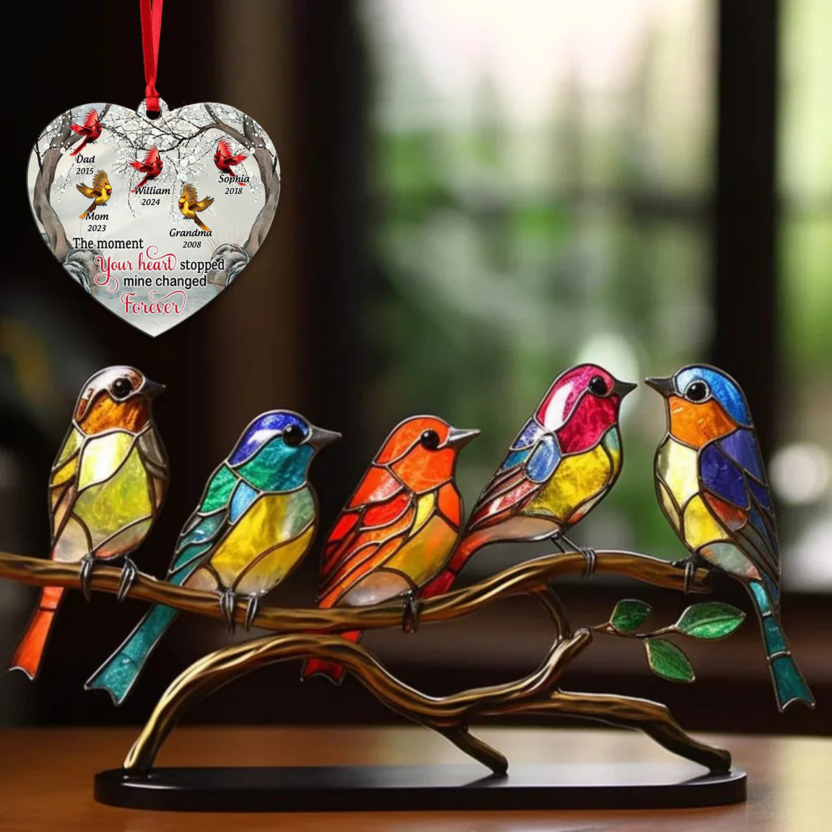 Memorial Stained Glass Birds on Branch Desktop Ornaments,Personalized Acrylic Memorial Cardinal Ornament - Image 4