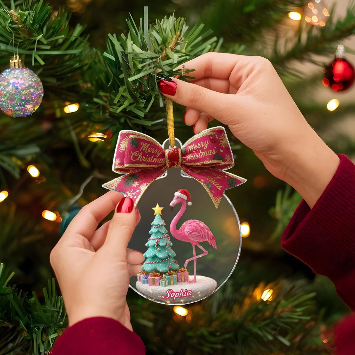 Merry Christmas - Flamingo Personalized Christmas Ornament - Image 2