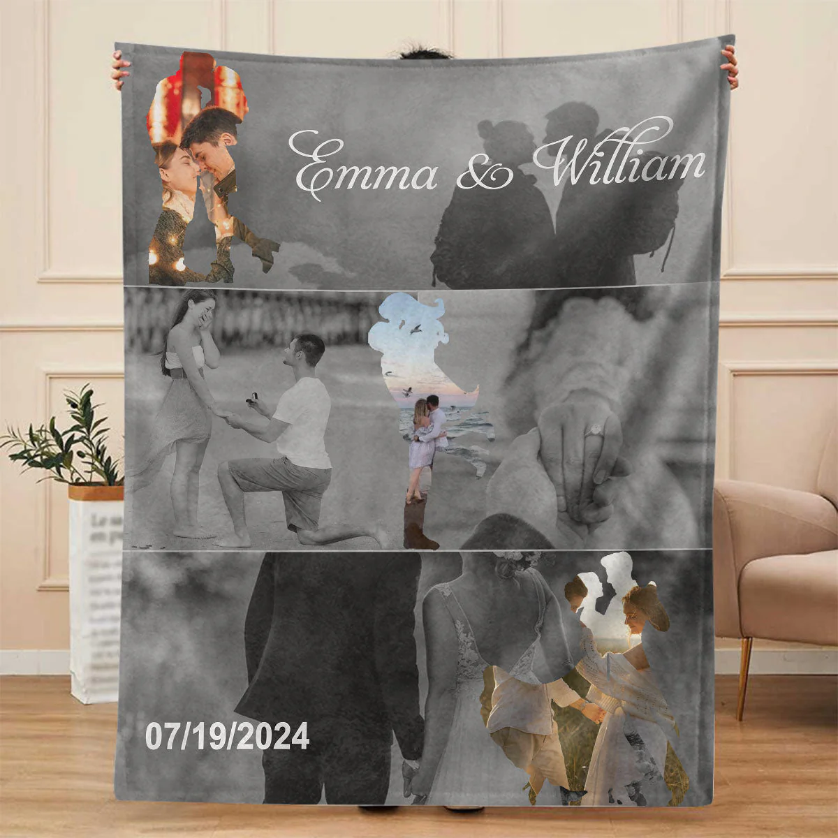 Met - Engaged - Married - Custom Photo Collage Blanket Personalized Couple Anniversary Wedding Gift
